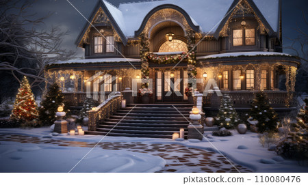 AI-generated content. beautiful country house, with luminous windows, decorated for Christmas, snow-covered, at dusk 110080476
