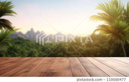 AI-generated content. Wide wooden table top against the background of tropical trees at sunset 110080477