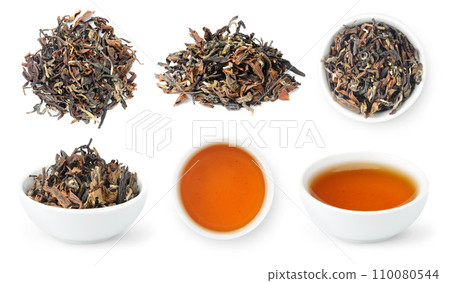 Bai Hao Oriental Beauty Oolong, collection of loose leaves and bowls of brewed Chinese tea 110080544