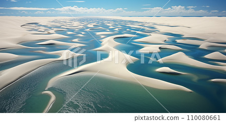 aerial view of lagoons between dunes in desert after rain 110080661