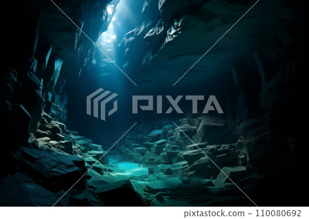 underwater cave with sunlight shining through the water underwater cave with sunlight shining through the water 110080692