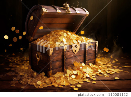 Open treasure chest brimming with gold coins 110081122