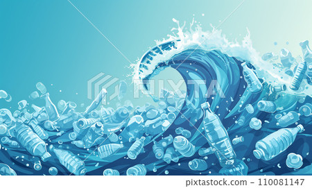 Blue wave with plastic bottles, illustration of ocean pollution Blue wave with plastic bottles, illustration of ocean pollution 110081147