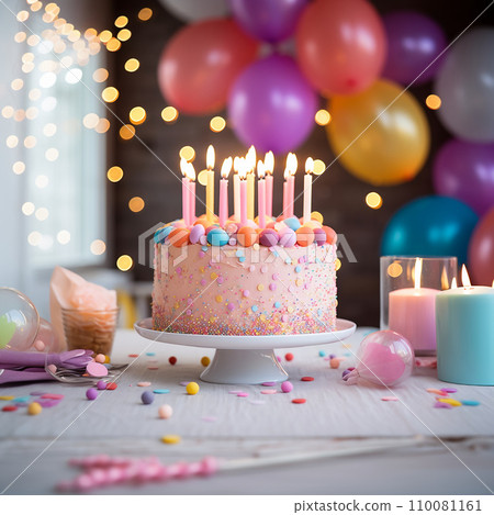 AI-generated content. Pink birthday cake with burning candles 110081161