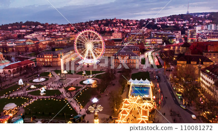 Drone point of view on Stuttgart Christmas market - on Stuttgart Castle Square. Drone point of view on Stuttgart Christmas market - on Stuttgart Castle Square. 110081272