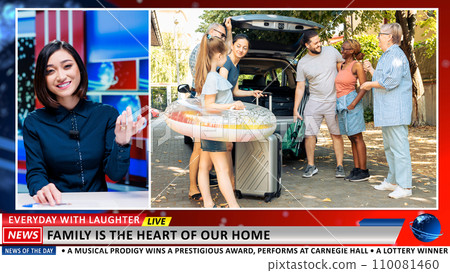 Headline topic about family love on live television network, asian broadcaster discussing about togetherness and happiness. News anchor addressing advertisement on relatives, tv channel. 110081460