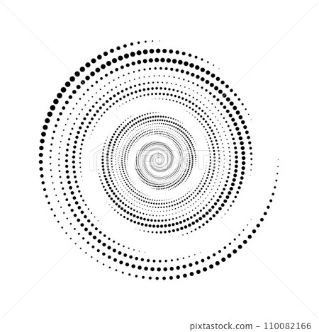 Dotted spiral lines element. Radial spinning halftone form. Circle swirl dots shape. Abstract geometric wheel for poster, banner, logo, icon, collage, presentation, booklet. Vector optical art 110082166