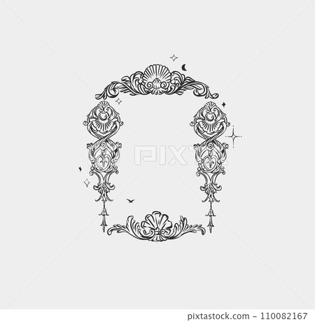 Hand drawn vector abstract outline,graphic,line vintage baroque ornament floral frame in calligraphic elegant modern style.Baroque floral vintage outline design concept.Vector antique frame isolated. Hand drawn vector abstract outline,graphic,line vintage baroque ornament floral frame in calligraphic elegant modern style.Baroque floral vintage outline design concept.Vector antique frame isolated. 110082167