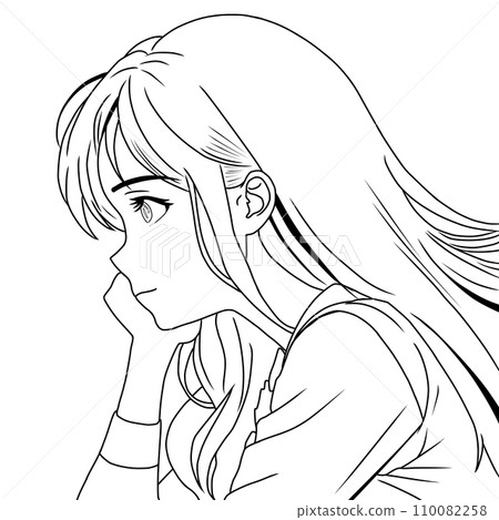 一個女孩側身看動漫人物風格的東西的線條畫插圖（AI 生成的圖像） 110082258