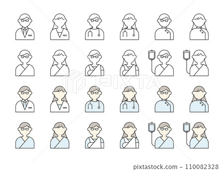 Doctor, patient, person icon illustration set, white coat, doctor, stethoscope, surgical gown, nurse, fracture 110082328