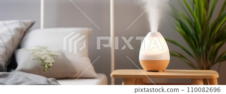 AI-generated content. Aromatherapy concept for the home. Aromatic oil diffuser in bedrooms. Air freshener. Ultrasonic aroma diffuser for treatments. 110082696