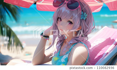 [Summer Vacation] Summer sea and girl female illustration material (AI generated image) 110082936