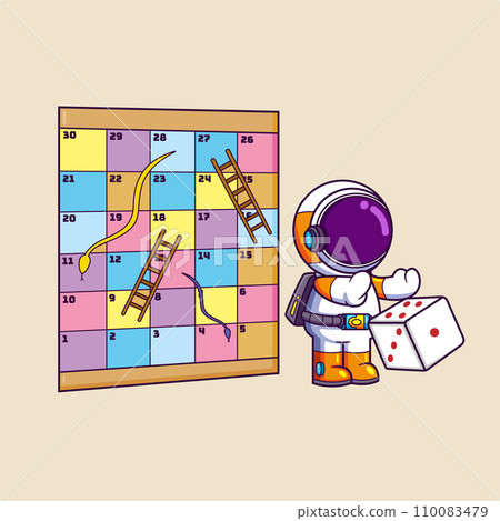 Cute Astronaut playing snakes and ladders game by throwing the dice of illustration Cute Astronaut playing snakes and ladders game by throwing the dice of illustration 110083479