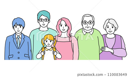 Three generations of family snuggled together with smiles 110083649