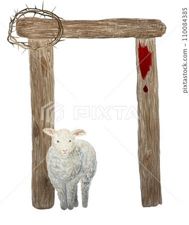 Watercolor lamb, crown of thorns, doorjamb, blood religious illustration isolated on white 110084385