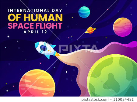 International Day of Human Space Flight Vector Illustration on 12 April with Astronaut Standing on the Moon, Transmitter Satellites and Planets 110084451