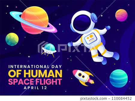 International Day of Human Space Flight Vector Illustration on 12 April with Astronaut Standing on the Moon, Transmitter Satellites and Planets International Day of Human Space Flight Vector Illustration on 12 April with Astronaut Standing on the Moon, Transmitter Satellites and Planets 110084452