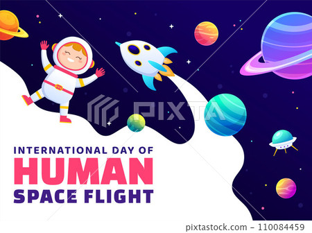 International Day of Human Space Flight Vector Illustration on 12 April with Astronaut Standing on the Moon, Transmitter Satellites and Planets 110084459