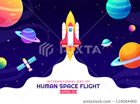 International Day of Human Space Flight Vector Illustration on 12 April with Astronaut Standing on the Moon, Transmitter Satellites and Planets 110084460