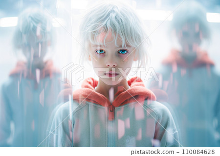 AI-generated content. Blurred little boy in hoodie looking at camera. AI-generated content. Blurred little boy in hoodie looking at camera. 110084628