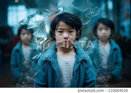 AI-generated content. Defocused little Asian child girl looking through broken glass window at home AI-generated content. Defocused little Asian child girl looking through broken glass window at home 110084630