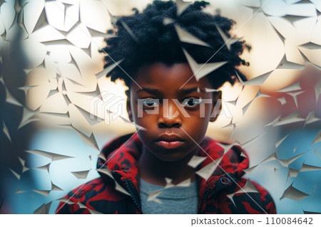 AI-generated content. Portrait of a little African American boy in urban background. Selective focus 110084642