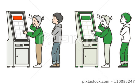Illustration of elderly people who are not good at kiosks Illustration of elderly people who are not good at kiosks 110085247