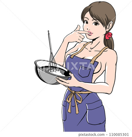 Sexy young woman cooking in a naked apron - Stock Illustration
