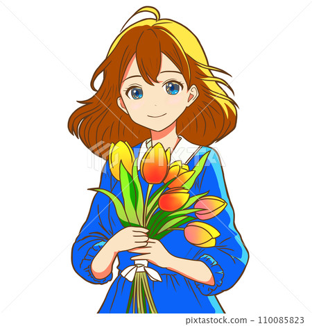 拿著鬱金香花束的動漫人物風格女孩插圖（AI 生成圖像） 110085823