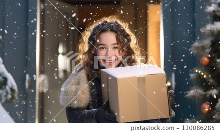AI-generated content. Smiling woman holding parcel box next to front door house entrance. Christmas holidays delivery. Black Friday Online shopping. 110086285