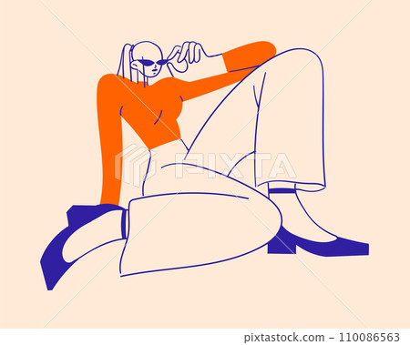 Stylish fashionable sitting woman with unusual body proportions Stylish fashionable sitting woman with unusual body proportions 110086563