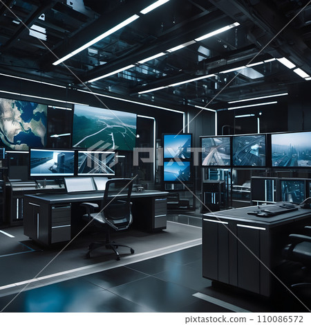 AI-generated content. A surveillance room with multiple screens. 110086572
