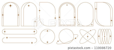 Aesthetic frames and shapes with stars. Minimal y2k outline graphic design with sparkles. Abstract minimalistic arches borders. Trendy boho geometric templates set. Vector Aesthetic frames and shapes with stars. Minimal y2k outline graphic design with sparkles. Abstract minimalistic arches borders. Trendy boho geometric templates set. Vector 110086720