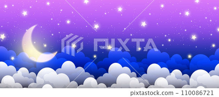 Night purple sky background. Starry dark gradient space. Crescent moon and clouds dreamy scene. Vector cute landscape panorama. Magic midnight illustration 110086721