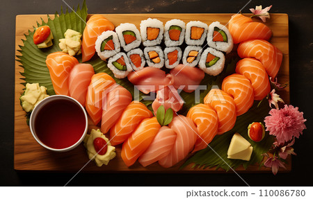 AI-generated content. Heart shaped sushi plate of many types of sushi with copy space 110086780