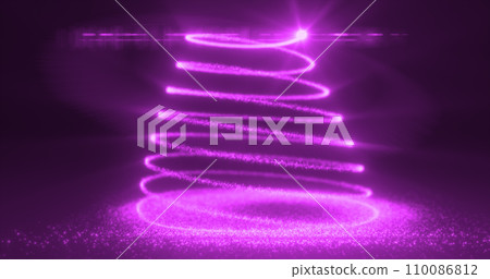 Abstract purple flying line of dots and luminous particles of energetic magical bright spirals in the shape of a Christmas New Year tree 110086812