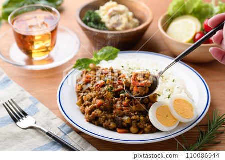 Dry curry with plenty of eggplant and tomatoes Dry curry with plenty of eggplant and tomatoes 110086944