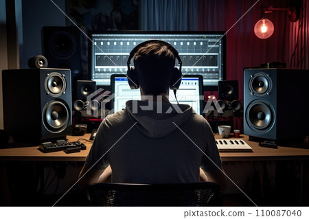 AI-generated content. A man with headphones works on the computer in a music studio with his back to the camera 110087040