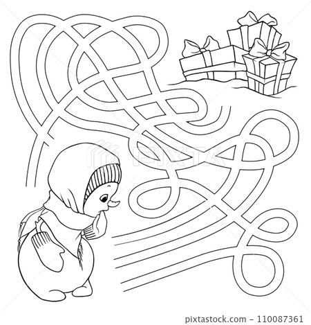 Help toddler snowman girl find the way to the gifts. Hand drawn coloring maze game with cute little snowman girl, dressed in a knitted hat and mittens and wrapped in a scarf looks thoughtfully at the  110087361