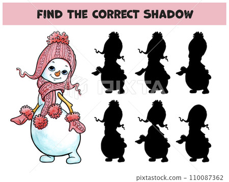 Find the correct shadow. Hand drawn illustration with cute snowman girl in a pink knitted hat, mittens and scarf with pompoms. Find the correct shadow. Hand drawn illustration with cute snowman girl in a pink knitted hat, mittens and scarf with pompoms. 110087362