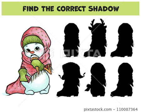 Find the correct shadow. Cute little snowman girl, dressed in a knitted green hat and mittens and wrapped in a red scarf, holds a gift bag in one hand and eats ice cream. Hand drawn illustration 110087364