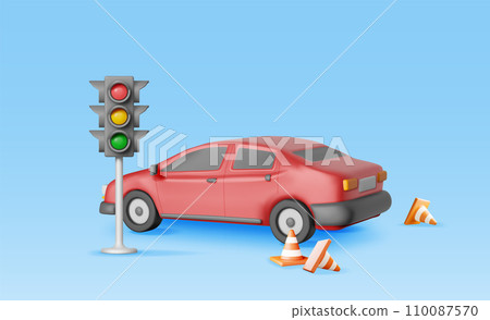 3D Sedan Car with Traffic Cones and Traffic Lights 110087570