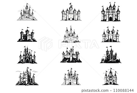 castle logo icon vector illustration,Vector set with hand drawn medieval castles 110088144