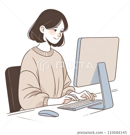 一個女人使用一台個人計算機的插圖 110088145