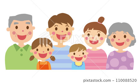 Three generations of family snuggled together with smiles 110088520