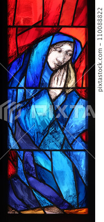 History of salvation - detail, stained glass window by Sieger Koder in church of Saint Bartholomew in Leutershausen, Germany History of salvation - detail, stained glass window by Sieger Koder in church of Saint Bartholomew in Leutershausen, Germany 110088822