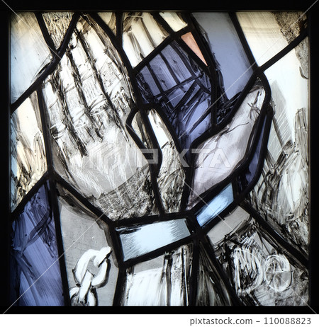 History of salvation - detail, stained glass window by Sieger Koder in church of Saint Bartholomew in Leutershausen, Germany History of salvation - detail, stained glass window by Sieger Koder in church of Saint Bartholomew in Leutershausen, Germany 110088823
