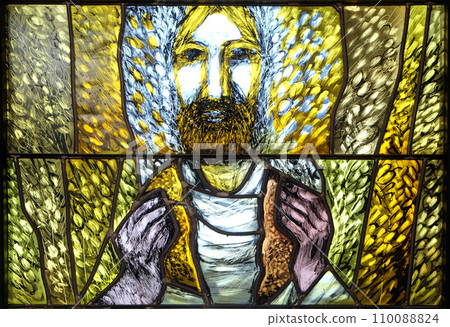 Eucharist, stained glass window by Sieger Koder in church of Saint Bartholomew in Leutershausen, Germany Eucharist, stained glass window by Sieger Koder in church of Saint Bartholomew in Leutershausen, Germany 110088824