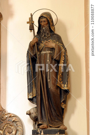 Saint Anthony the Great, statue on the altar of the Sacred Heart of Jesus in Saint Mary Magdalene Church in Veliki Bisag, Croatia Saint Anthony the Great, statue on the altar of the Sacred Heart of Jesus in Saint Mary Magdalene Church in Veliki Bisag, Croatia 110088877