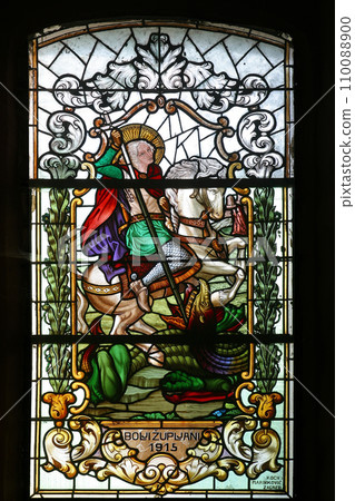 Saint George, stained glass window in Parish Church of the Assumption of the Virgin Mary in Pescenica, Croatia 110088900